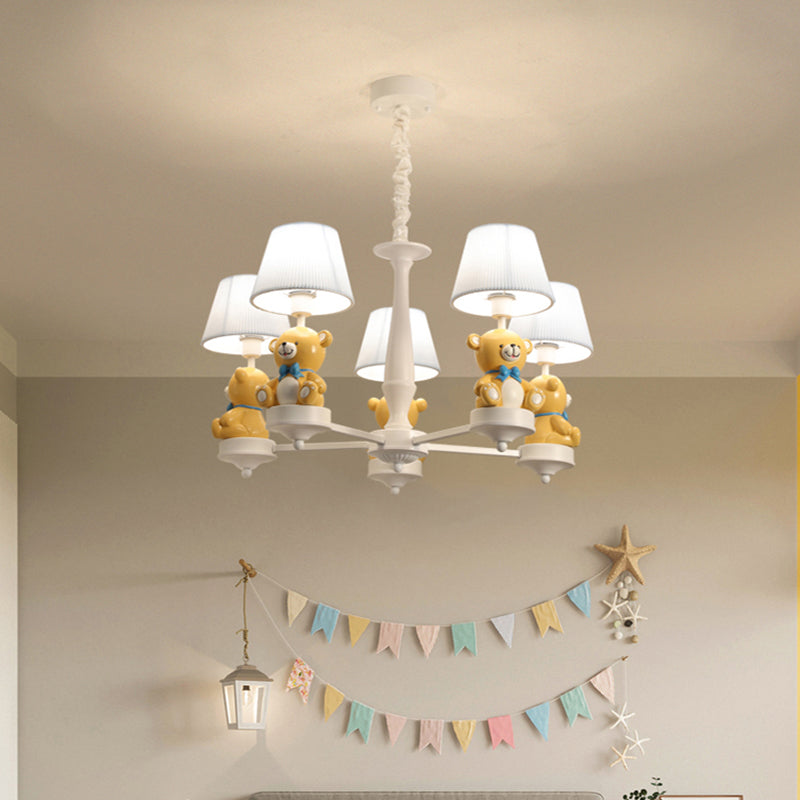 White Pleated Fabric Kids Bucket Chandelier With Decorative Bear Child Room Pendant Light