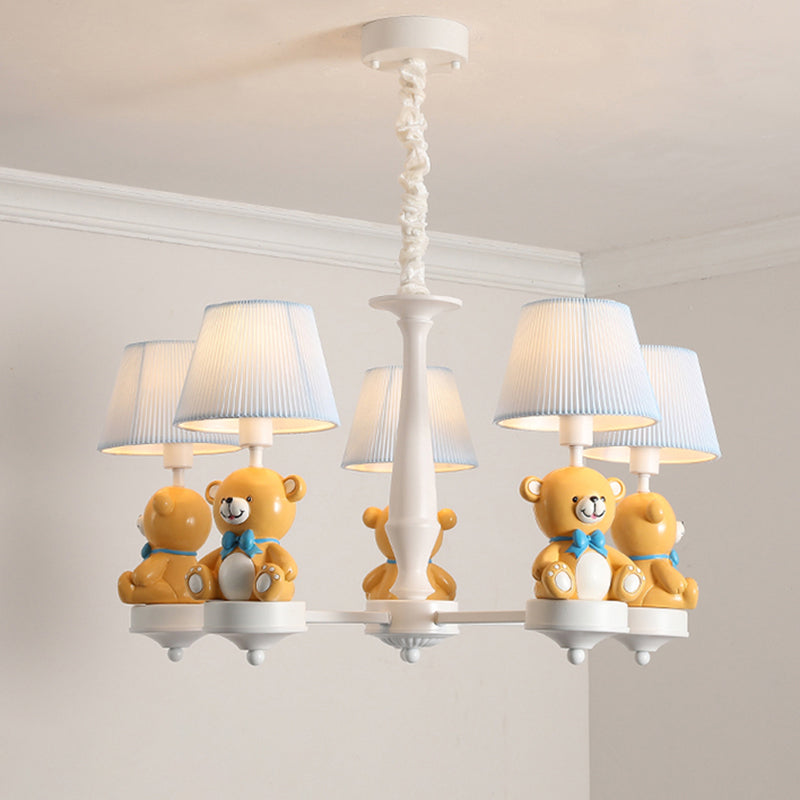 White Pleated Fabric Kids Bucket Chandelier With Decorative Bear Child Room Pendant Light