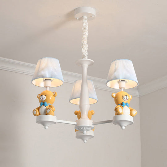 White Pleated Fabric Kids Bucket Chandelier With Decorative Bear Child Room Pendant Light