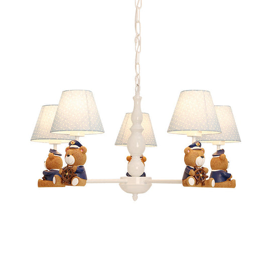 White Resin Bear Ceiling Lighting Chandelier With Fabric Shade - Cartoon-Inspired Light Fixture