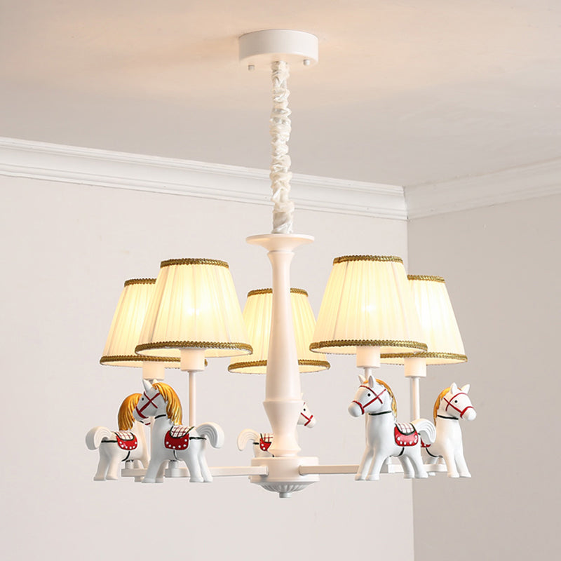 White Cartoon Chandelier With Horse Resin - Pleated Fabric Tapered Ceiling Lighting