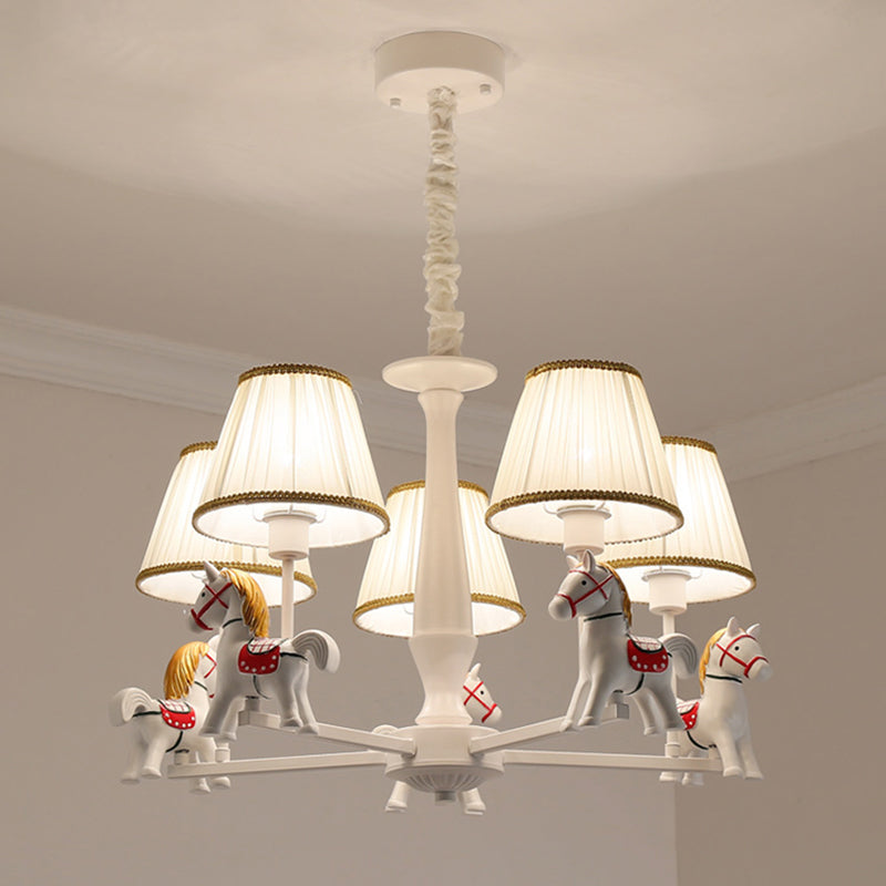 White Cartoon Chandelier With Horse Resin - Pleated Fabric Tapered Ceiling Lighting