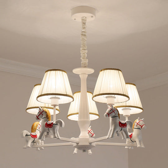 White Cartoon Chandelier With Horse Resin - Pleated Fabric Tapered Ceiling Lighting