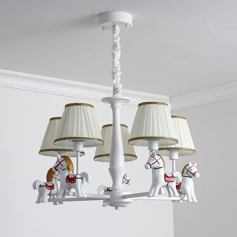 White Cartoon Chandelier With Horse Resin - Pleated Fabric Tapered Ceiling Lighting