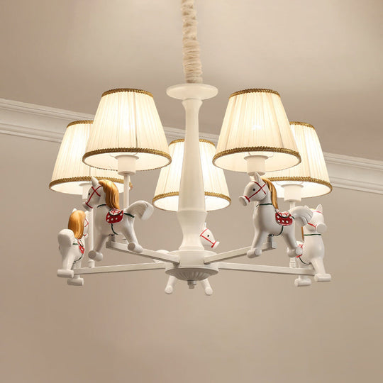 White Cartoon Chandelier With Horse Resin - Pleated Fabric Tapered Ceiling Lighting