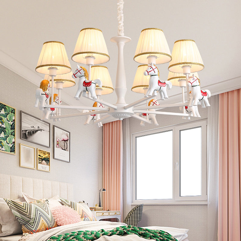 White Cartoon Chandelier With Horse Resin - Pleated Fabric Tapered Ceiling Lighting