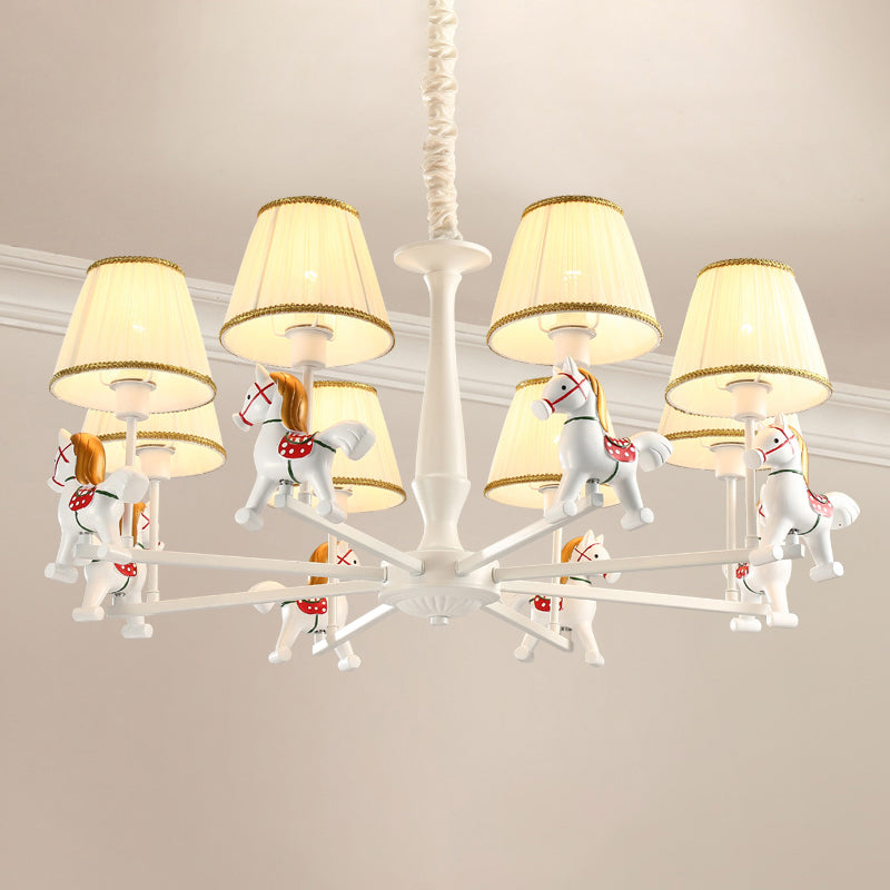 White Cartoon Chandelier With Horse Resin - Pleated Fabric Tapered Ceiling Lighting