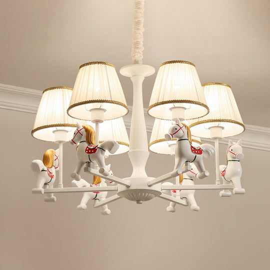 White Cartoon Chandelier With Horse Resin - Pleated Fabric Tapered Ceiling Lighting