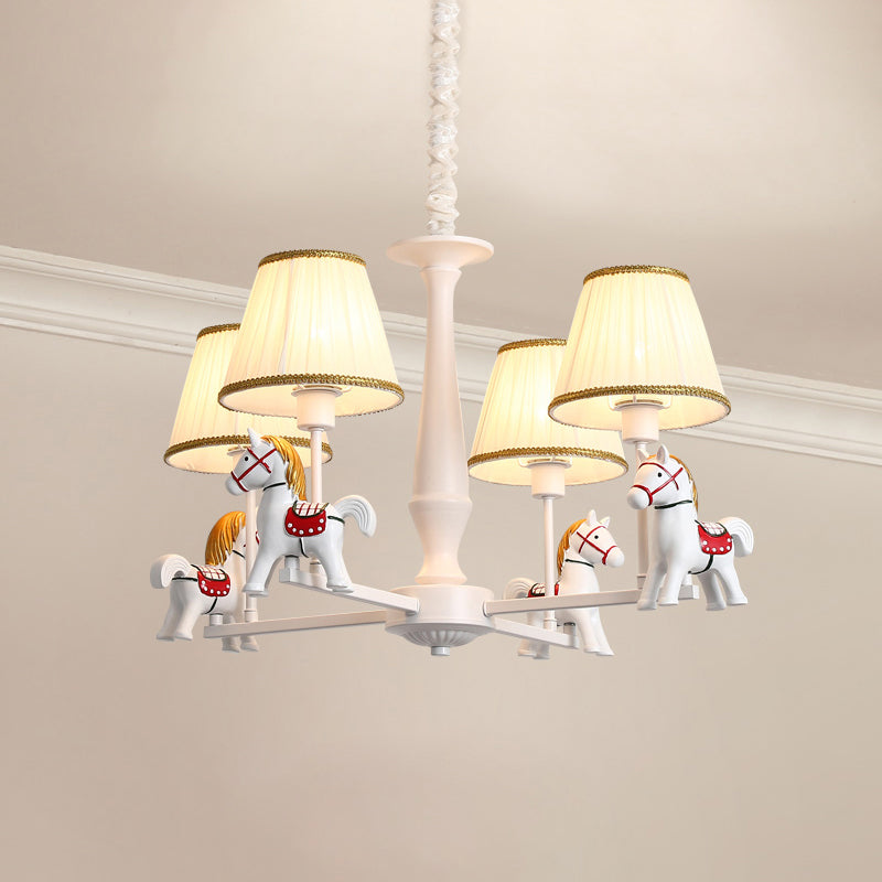 White Cartoon Chandelier With Horse Resin - Pleated Fabric Tapered Ceiling Lighting