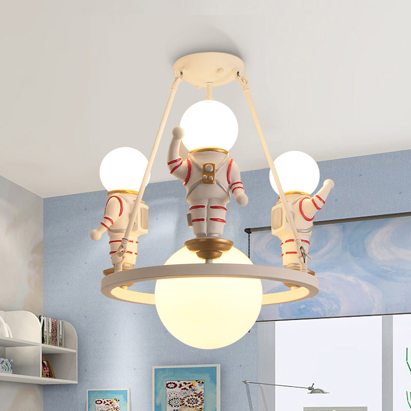 Cartoon Astronaut Resin Chandelier Light For Childs Room With White Acrylic Shade