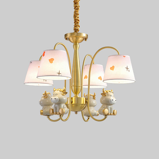 White Resin Nursery Chandelier With Animal Suspension Light & Empire Shade For Kids