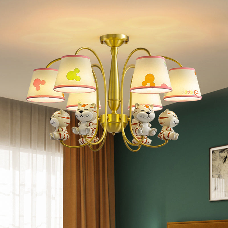 White Resin Nursery Chandelier With Animal Suspension Light & Empire Shade For Kids