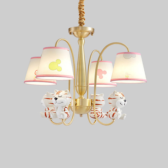 White Resin Nursery Chandelier With Animal Suspension Light & Empire Shade For Kids 4 / Tiger