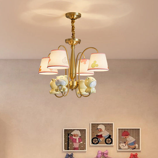 Cartoon Gold Pendant Light With Patterned Fabric Resin Animal And Tapered Chandelier Design