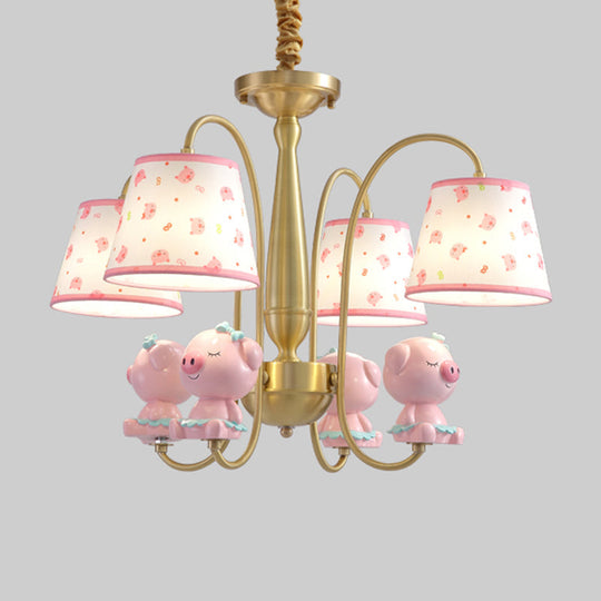 Cartoon Gold Pendant Light With Patterned Fabric Resin Animal And Tapered Chandelier Design