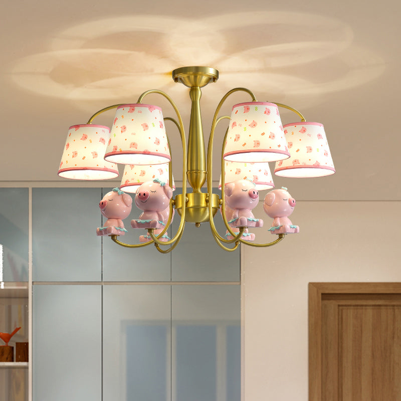 Cartoon Gold Pendant Light With Patterned Fabric Resin Animal And Tapered Chandelier Design