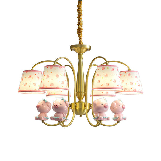 Cartoon Gold Pendant Light With Patterned Fabric Resin Animal And Tapered Chandelier Design