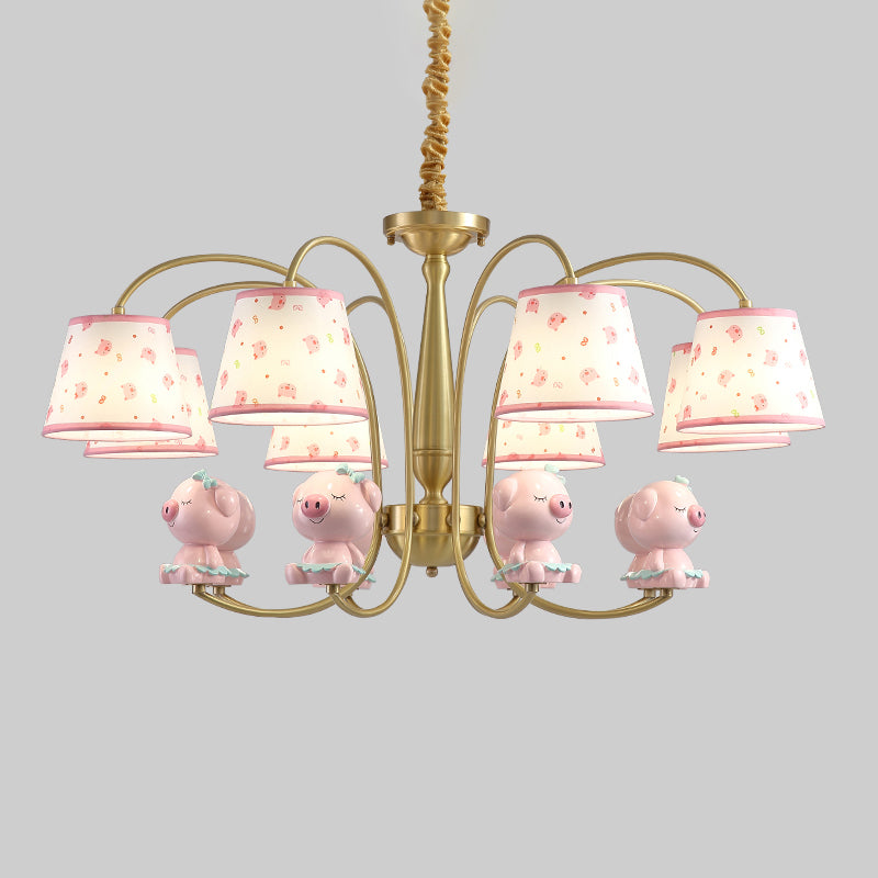 Cartoon Gold Pendant Light With Patterned Fabric Resin Animal And Tapered Chandelier Design