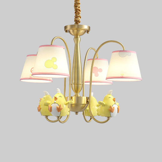 Cartoon Gold Pendant Light With Patterned Fabric Resin Animal And Tapered Chandelier Design