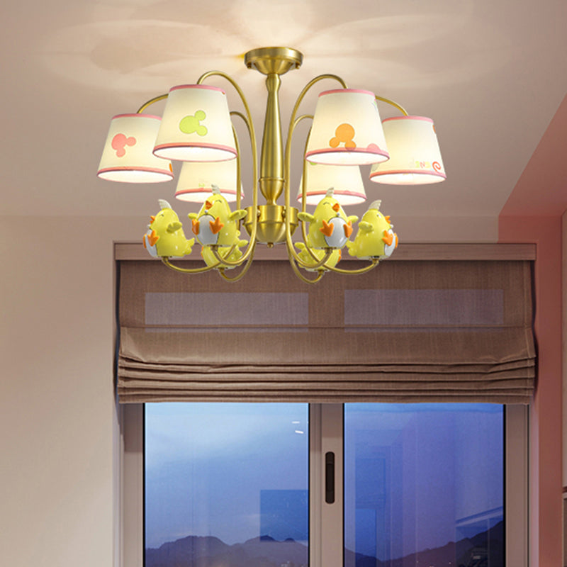 Cartoon Gold Pendant Light With Patterned Fabric Resin Animal And Tapered Chandelier Design