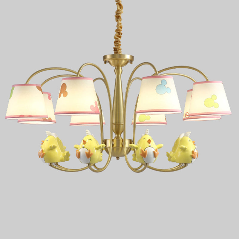 Cartoon Gold Pendant Light With Patterned Fabric Resin Animal And Tapered Chandelier Design