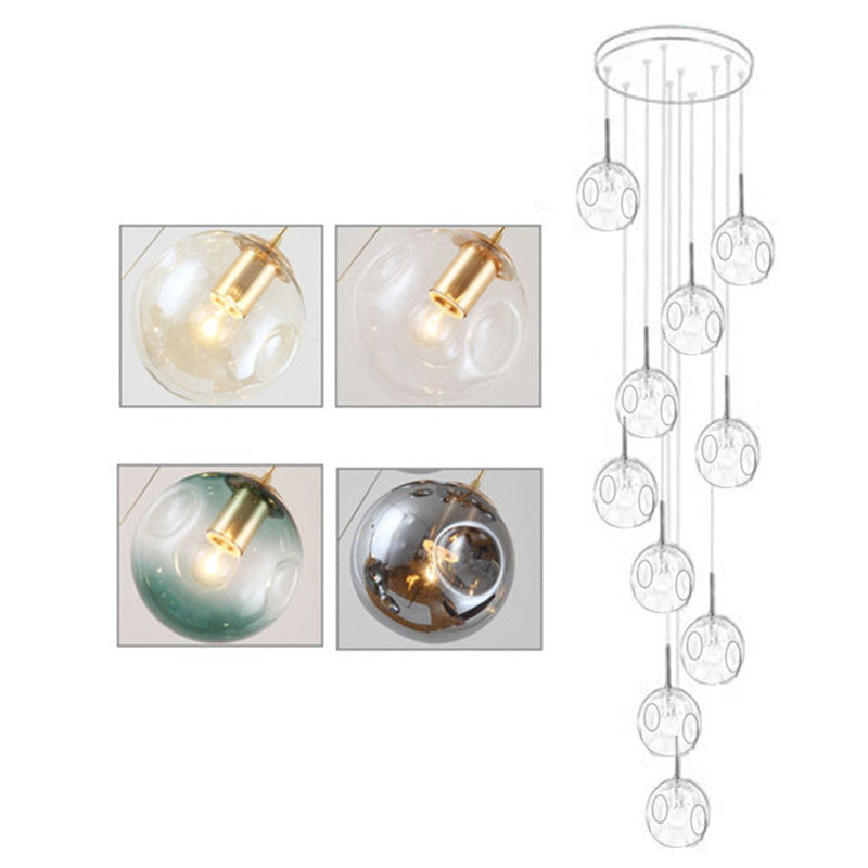 Zephyr - Handblown Glass Ball Multi Light Pendant Modern Cognac Hanging Lighting for Staircase