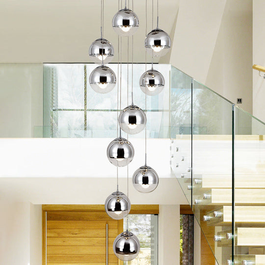 Aurora - Mirrored Glass Round Shade Suspension Light Simplicity 10 Heads Multi Light Pendant