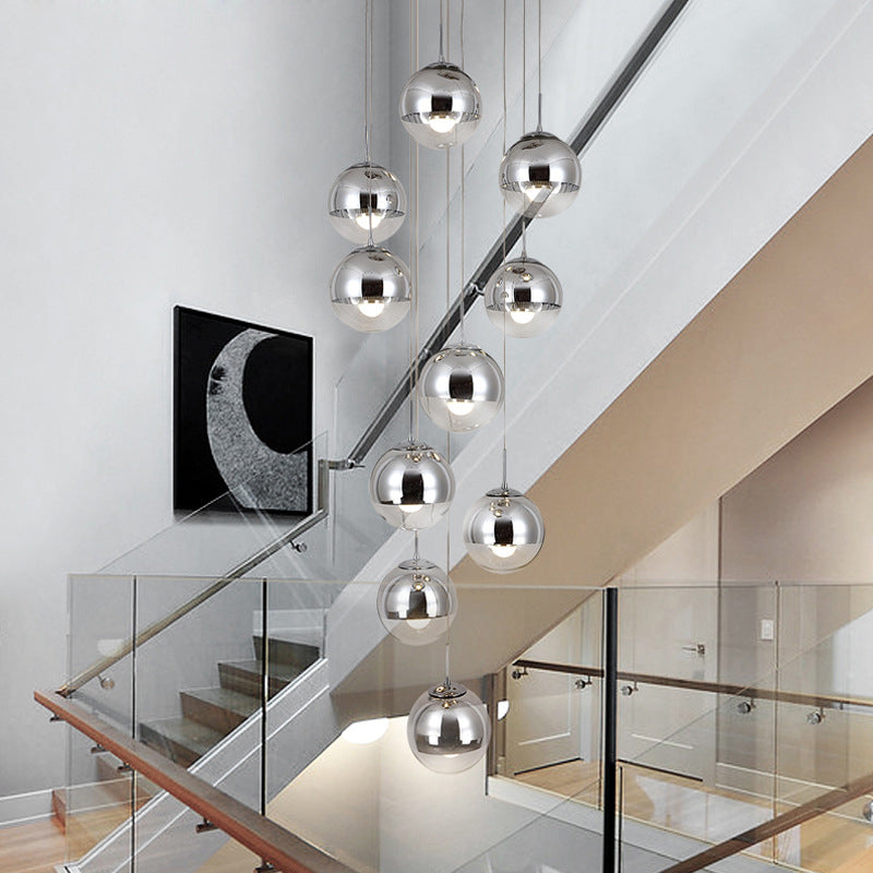 Aurora - Mirrored Glass Round Shade Suspension Light Simplicity 10 Heads Multi Light Pendant