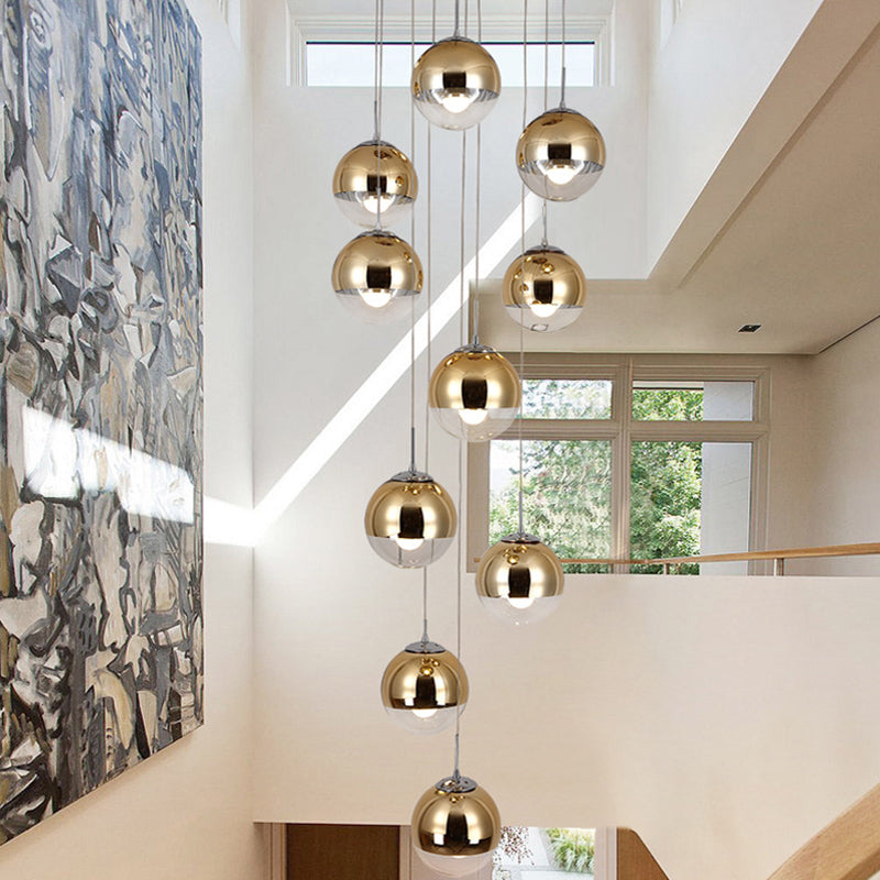 Aurora - Mirrored Glass Round Shade Suspension Light Simplicity 10 Heads Multi Light Pendant