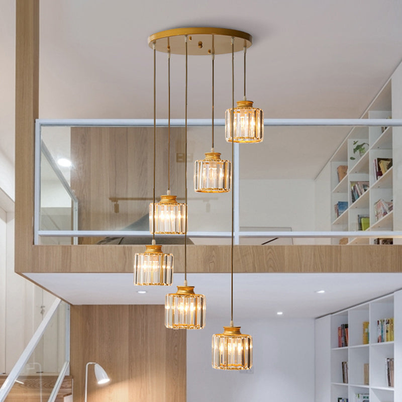 Cylinder Staircase Multi Ceiling Light Clear Crystal Modern Suspension Light Fixture