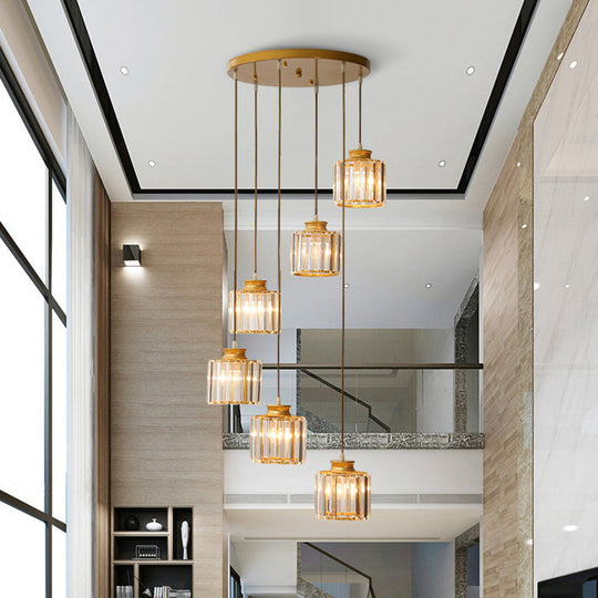 Cylinder Staircase Multi Ceiling Light Clear Crystal Modern Suspension Light Fixture