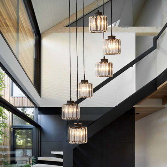 Cylinder Staircase Multi Ceiling Light Clear Crystal Modern Suspension Light Fixture