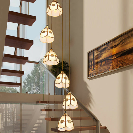 Artistic Frost Glass Scallop Bell Ceiling Light with 6-Head Brass Suspension