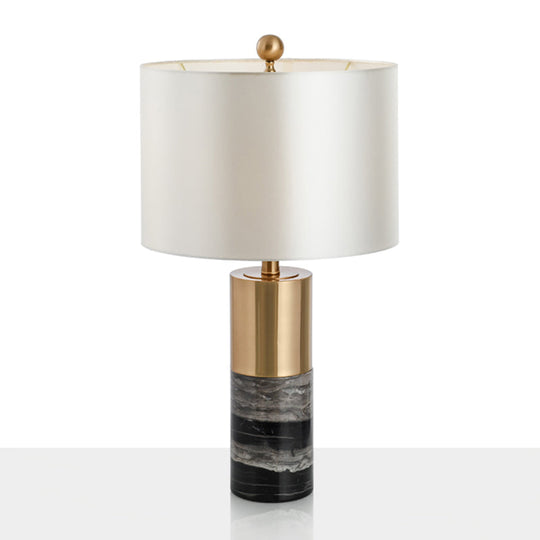 White Fabric Drum Table Lamp With Marble Base - Minimalist Living Room Nightstand Lighting