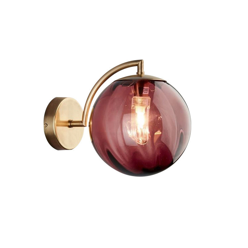 Postmodern Brass Ball Sconce Lamp - Red/Blue/Amber Glass Single Light Wall Fixture