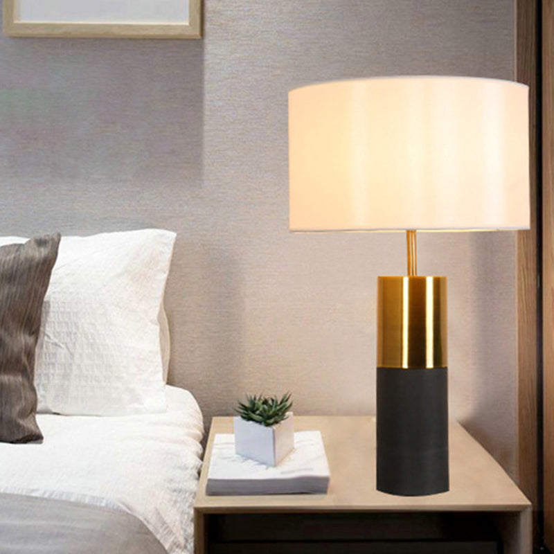 Cement Table Lamp - Minimalistic Single Nightstand Lighting With Drum Fabric Shade White