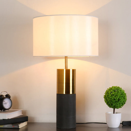 Cement Table Lamp - Minimalistic Single Nightstand Lighting With Drum Fabric Shade