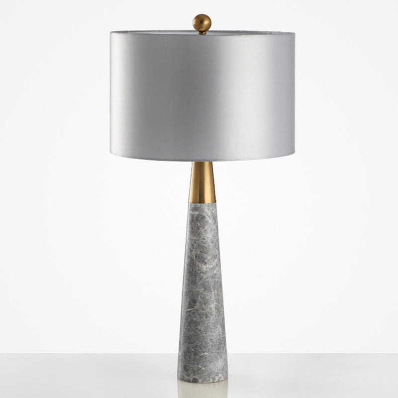 Sleek Conical Table Lamp With Marble Base - Elegant Grey Nightstand Light Drum Fabric Shade