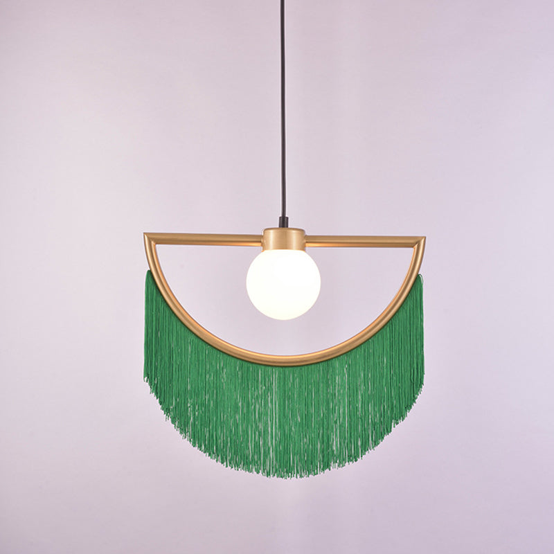 Minimalist Opal Glass Globe Suspension Light: 1-Light Hanging Lamp With Elegant Fringe Green / 15