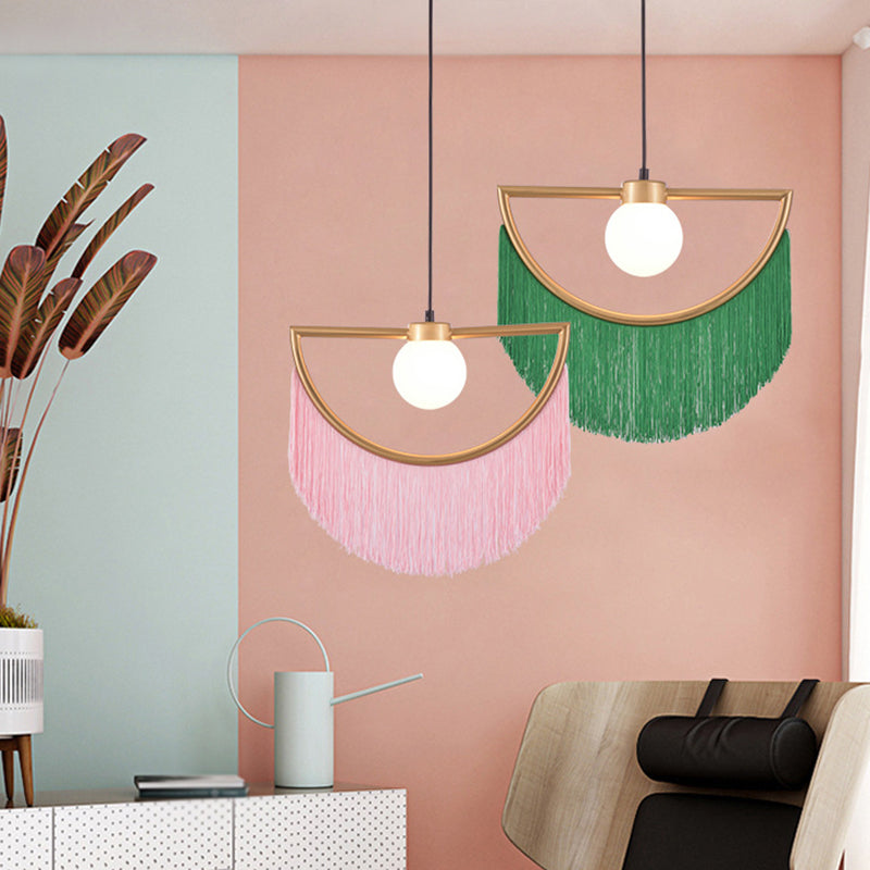 Minimalist Opal Glass Globe Suspension Light: 1-Light Hanging Lamp With Elegant Fringe