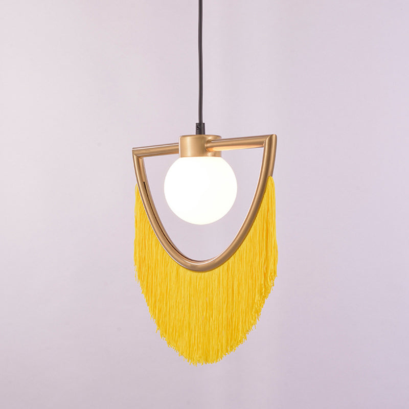 Minimalist Opal Glass Globe Suspension Light: 1-Light Hanging Lamp With Elegant Fringe