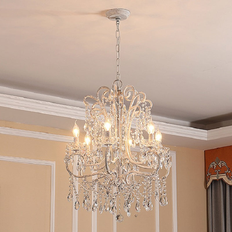 Vintage White Crystal Beaded Ceiling Chandelier With Metallic Candlestick Design