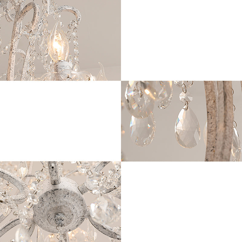 Vintage White Crystal Beaded Ceiling Chandelier With Metallic Candlestick Design