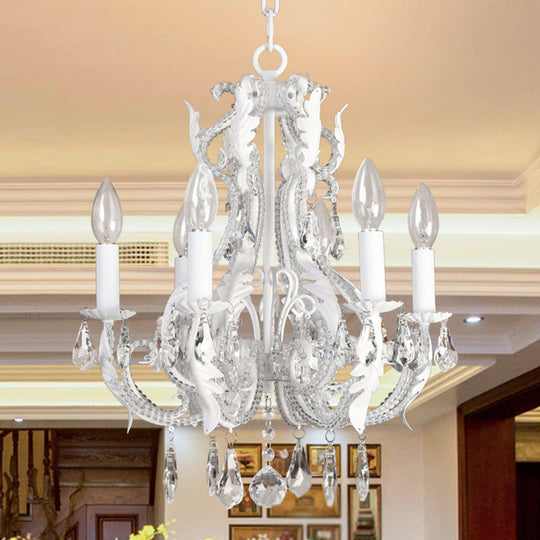 Retro 6-Head Pendant Chandelier With Crystal Beaded Arms - Metallic Candelabra Light For Living Room