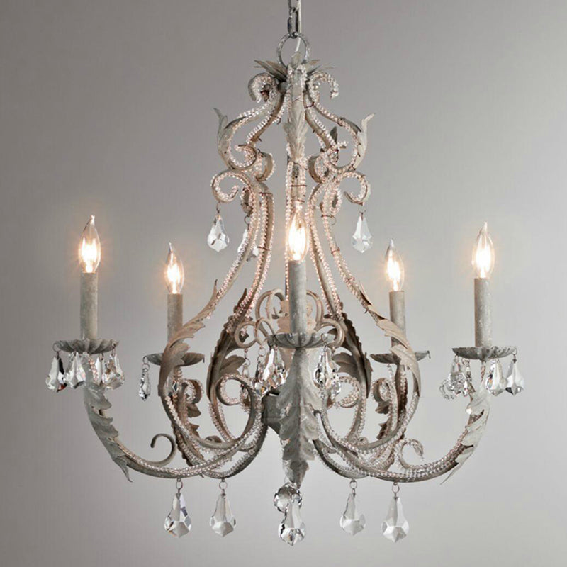 Retro 6-Head Pendant Chandelier With Crystal Beaded Arms - Metallic Candelabra Light For Living Room