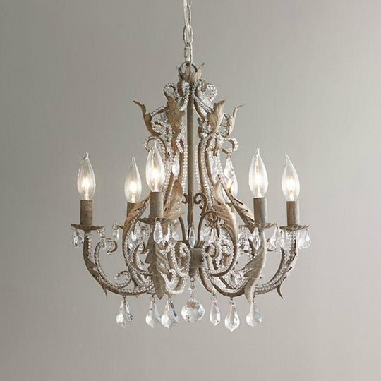 Retro Style Metallic Chandelier With Crystal Beaded Arms - 6 Bulb Suspension Light