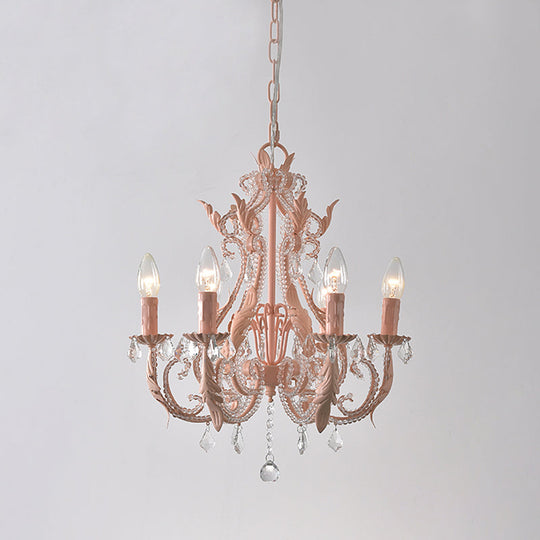 Retro Style Metallic Chandelier With Crystal Beaded Arms - 6 Bulb Suspension Light Pink