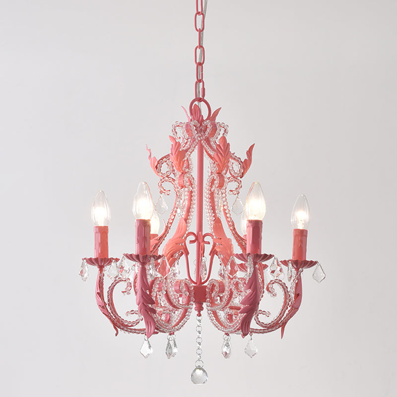 Retro Style Metallic Chandelier With Crystal Beaded Arms - 6 Bulb Suspension Light Rose Red