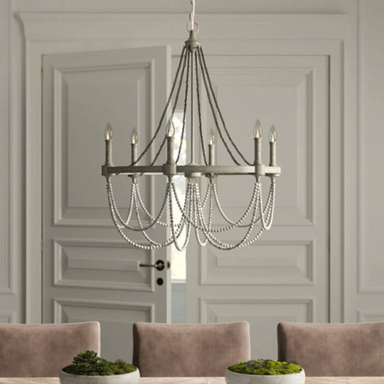 Vintage Grey Metallic Candle Chandelier With Crystal Bead Dining Room Pendant Light