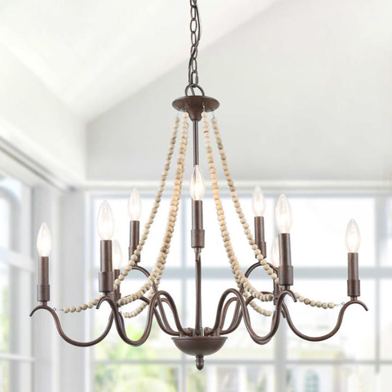 Retro Beaded Wood Chandelier With Metallic Candle - 9-Light Suspension Light In Rust